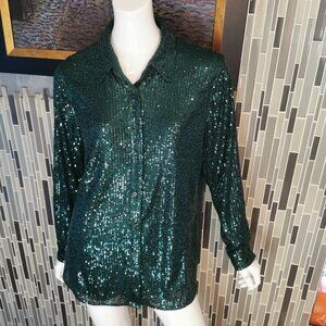 Soft Surroundings Women's Size L Green Sequin Sparkle Holiday Top Blouse 0395